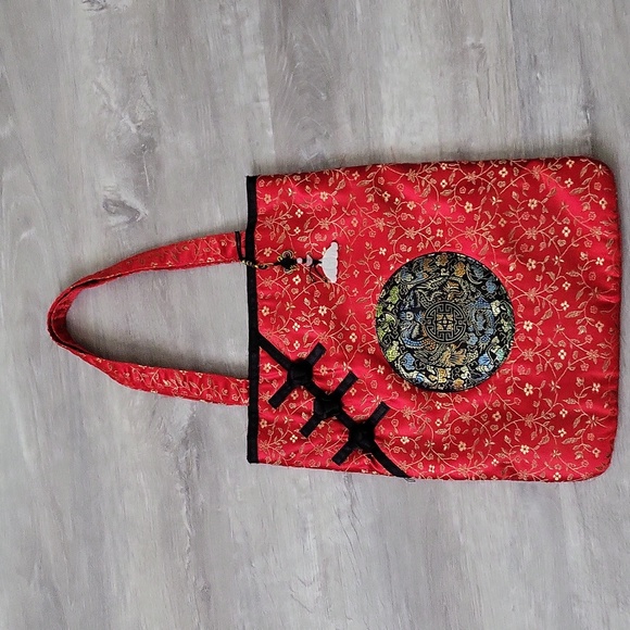 Red Asian Inspired Designed Embroidered Dragons Center Tote Bag By Rampage - Picture 2 of 8